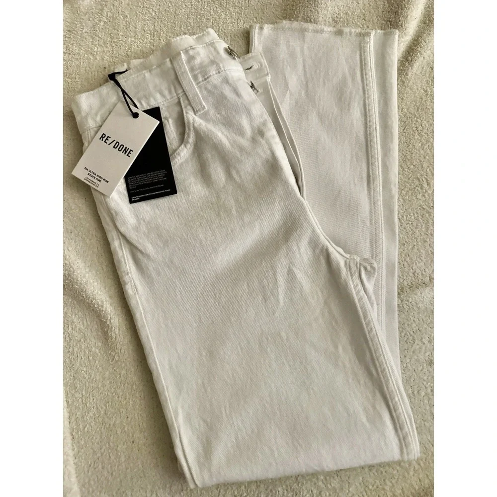 RE/DONE Women's Ultra‎ High Rise Stove Pipe Jeans White Sz 26 Raw Hem - Picture 6 of 14